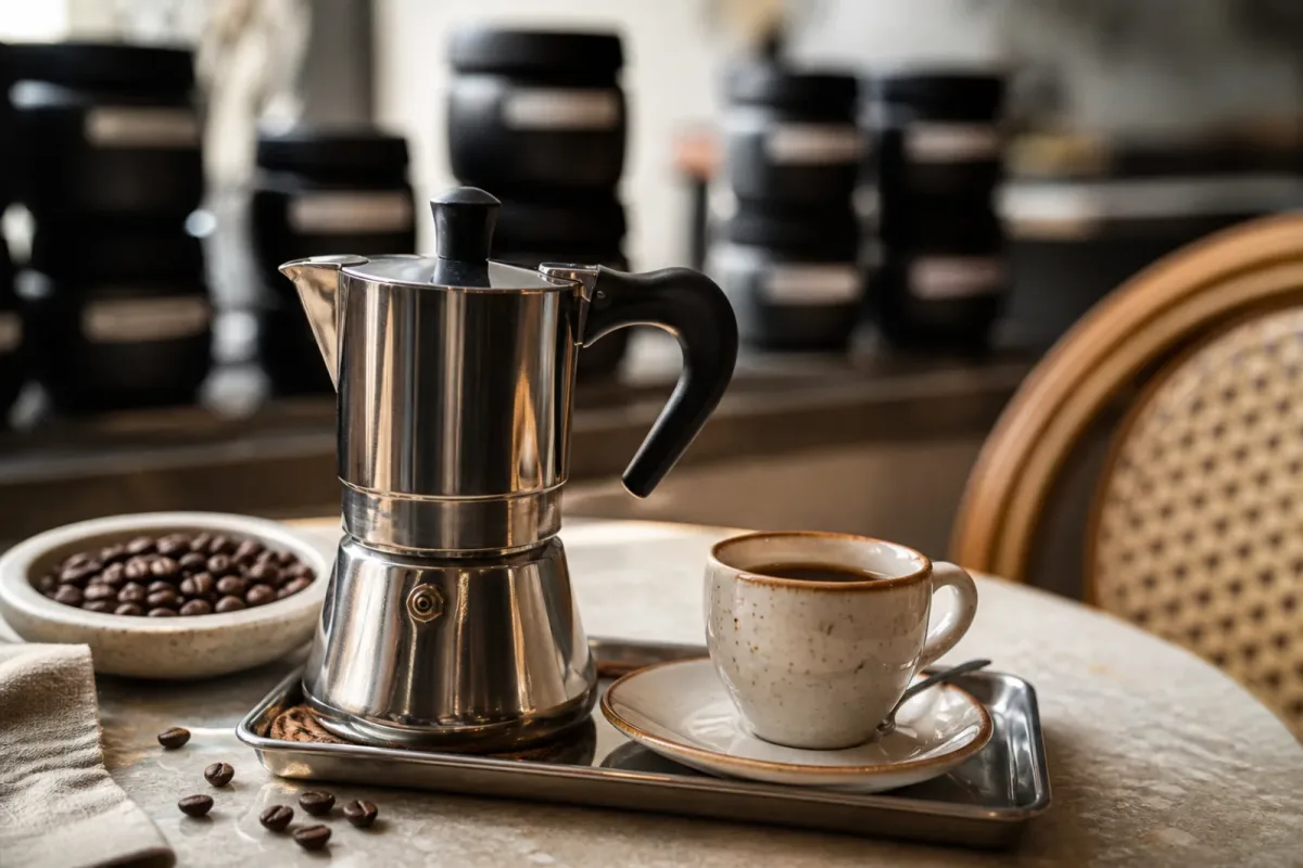 Moka in acciaio servita al tavolo con tazzina e chicchi di caffè