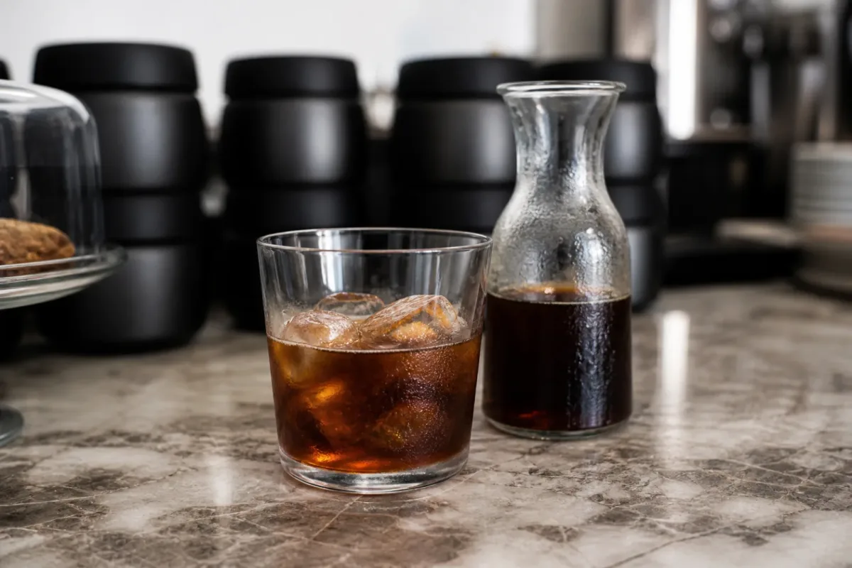 Caffè specialty filtrato freddo servito con ghiaccio e caraffa in vetro