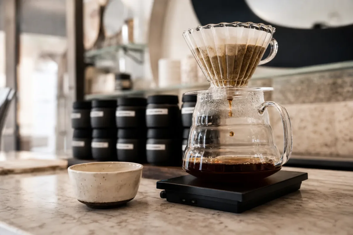 Caffè specialty filtrato al tavolo con dripper in vetro e tazza da degustazione.